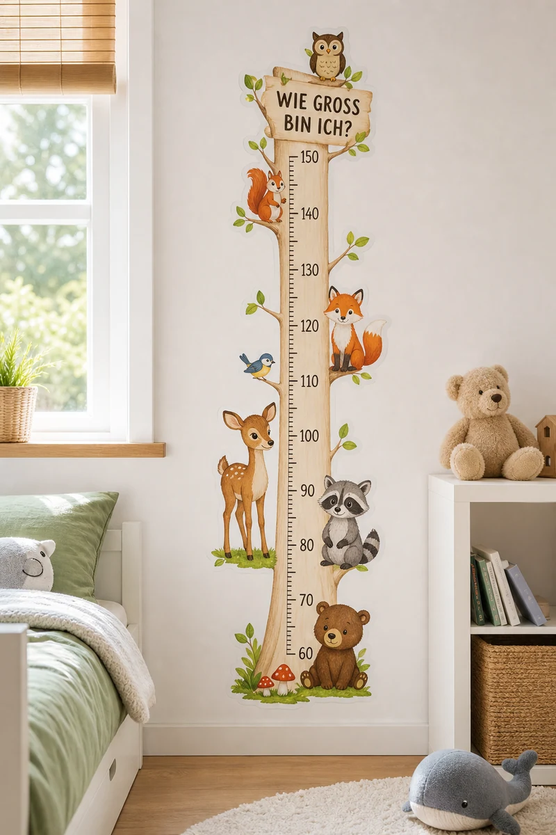 Wachstumsmesser-Wandtattoo mit Waldtieren im Kinderzimmer