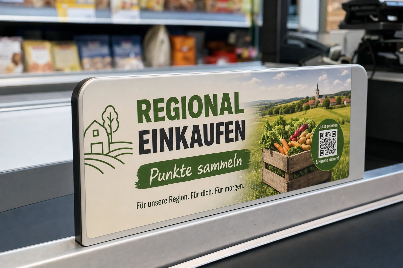 Aktionsaufkleber auf einem Warentrenner an der Supermarktkasse
