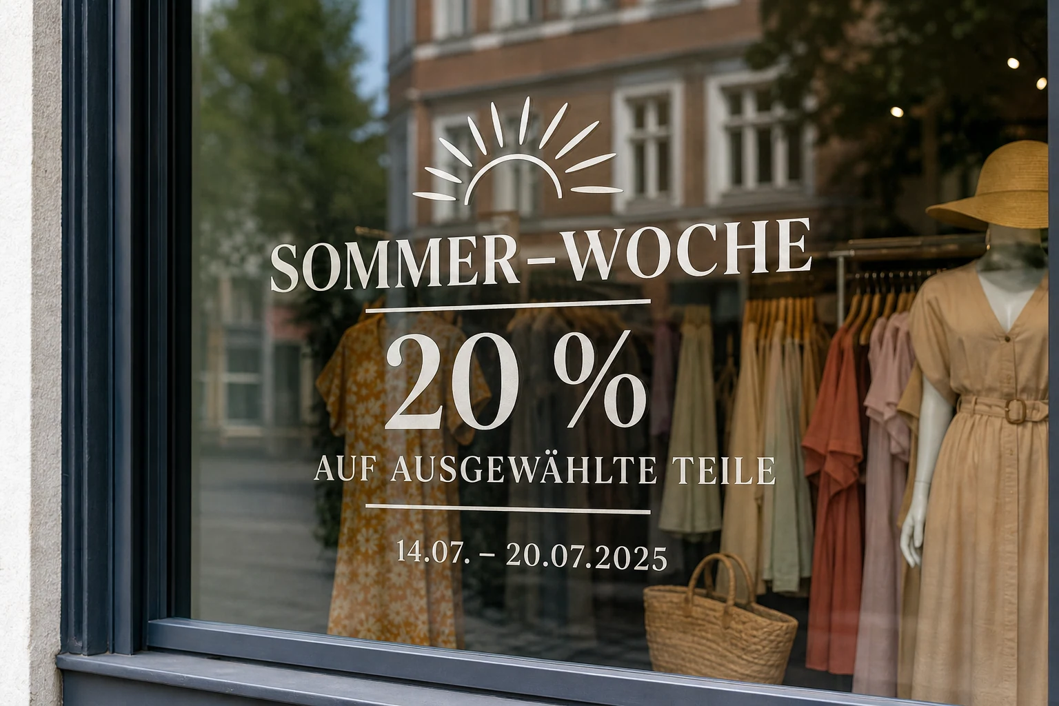 Temporärer Aktionsaufkleber mit Rabatt und Zeitraum im Schaufenster