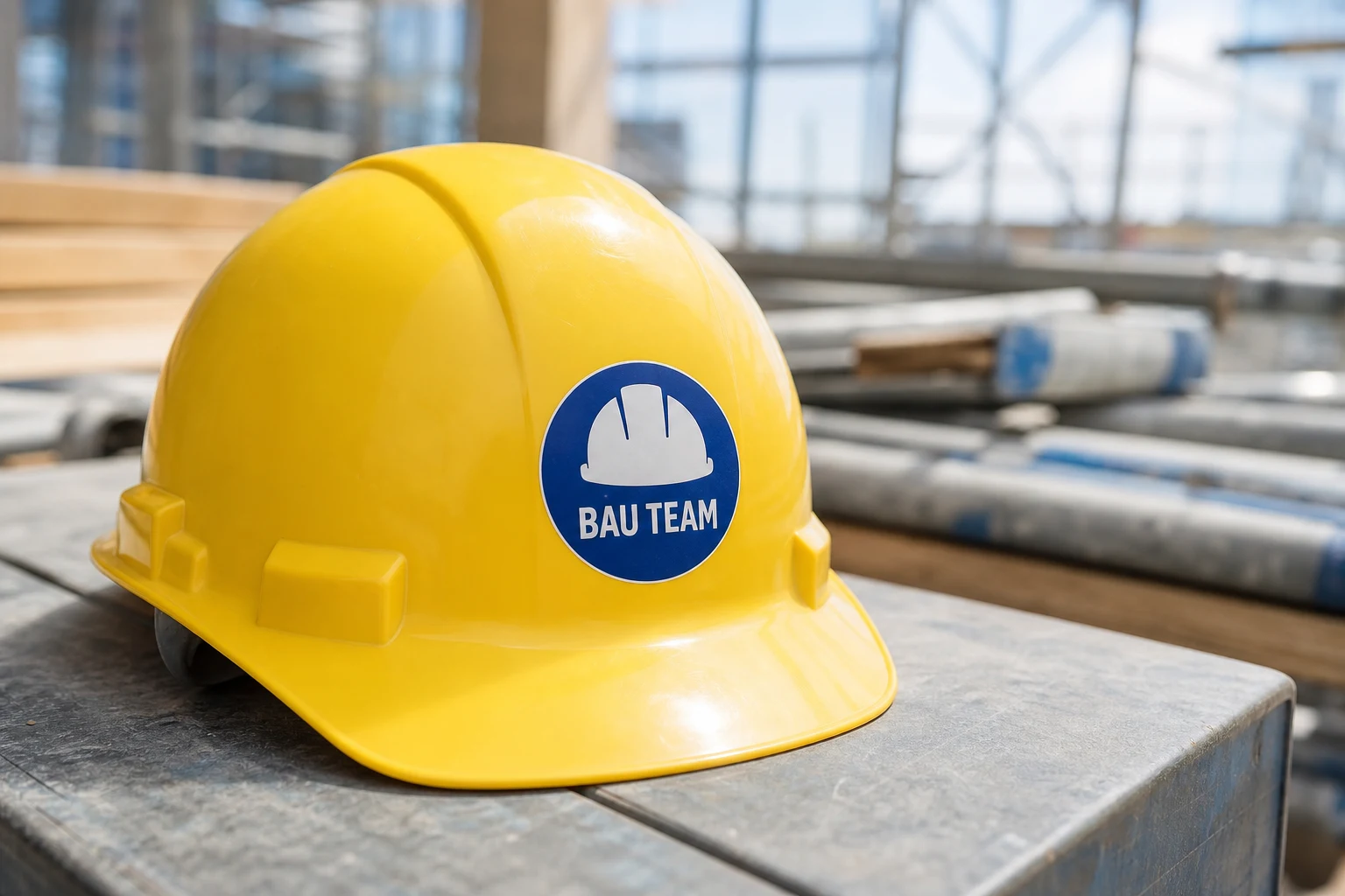 Individueller Bau-Team-Aufkleber auf einem gelben Bauhelm