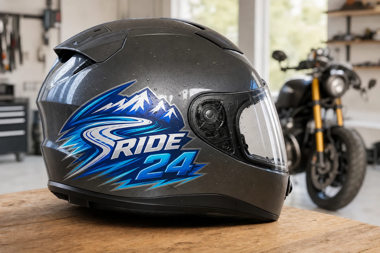 Großer laminierter Aufkleber auf einem Motorradhelm