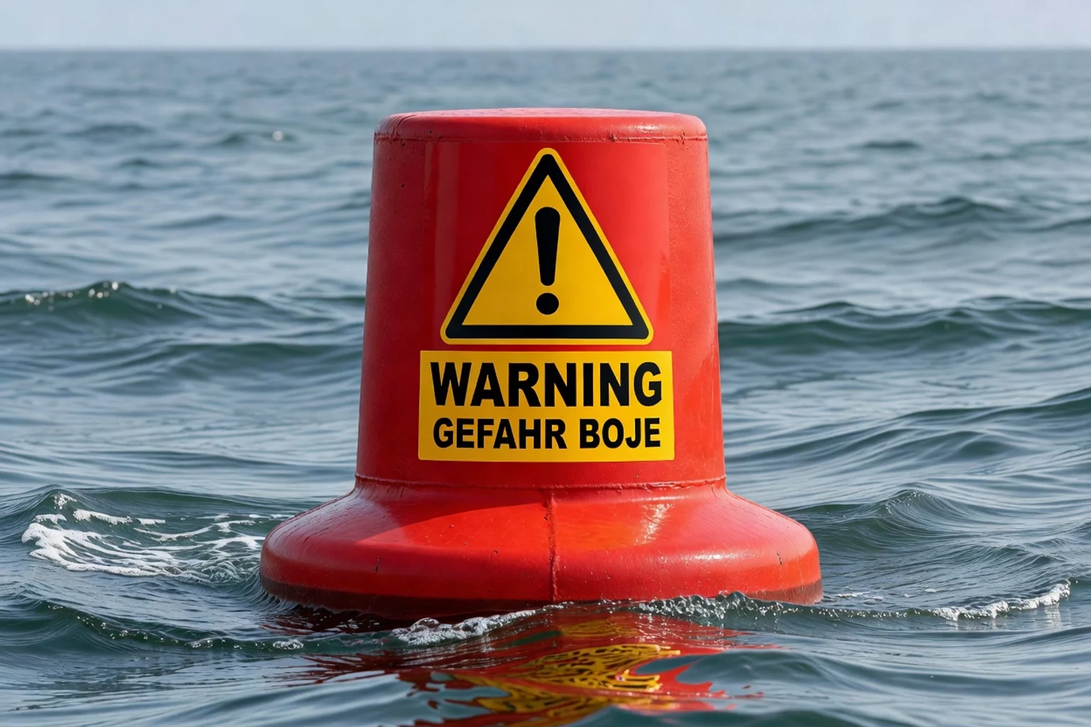 Rote Boje mit Warnaufkleber im Meerwasser