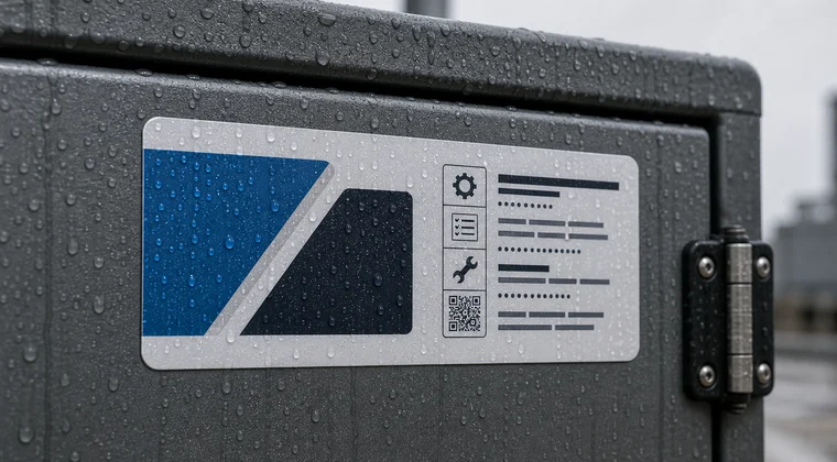 Laminierter technischer Aufkleber mit Wassertropfen auf einem Außengerät