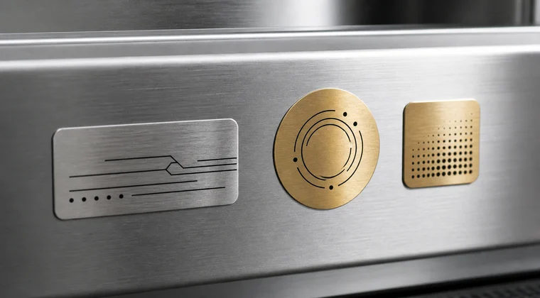 Silberne und goldene Metallaufkleber auf einer Edelstahlfläche