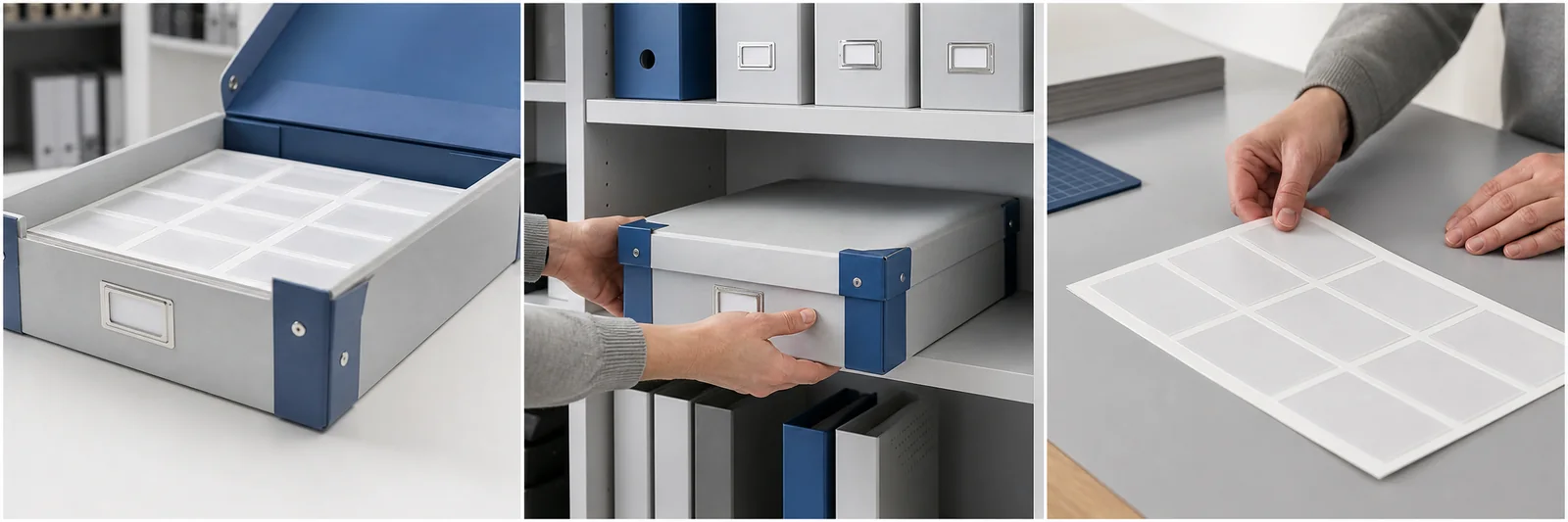 Flache Aufkleberbögen liegen geschützt in einer passenden Archivbox