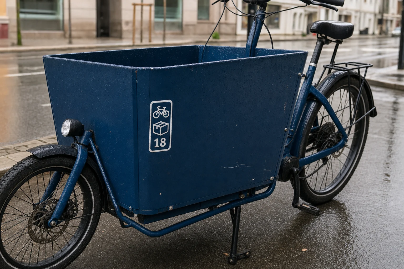 Wasserfester Kennzeichnungsaufkleber auf einem Lastenrad im Regen