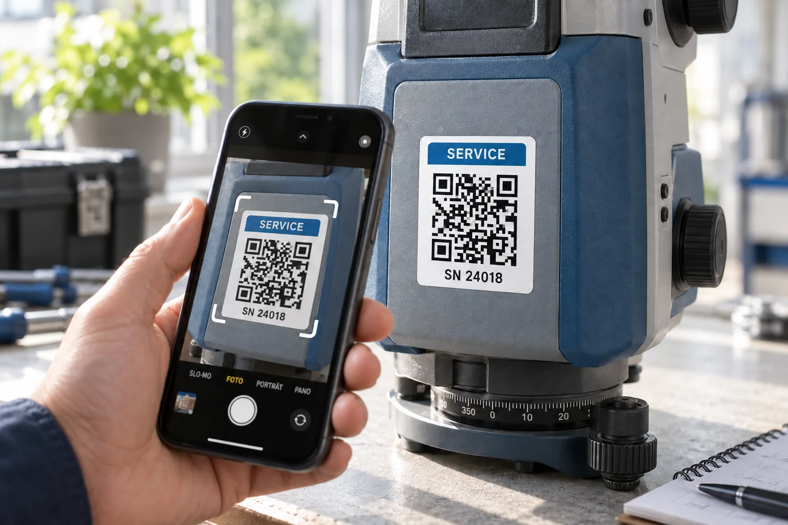 Eine Hand scannt den scharfen Schwarz-Weiß-QR-Code auf einem Serviceaufkleber am technischen Gerät