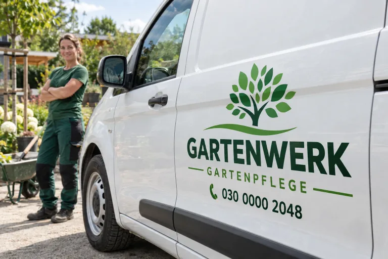 Gärtner neben weißem Fahrzeug mit grüner Gartenbeschriftung und fiktiver Telefonnummer