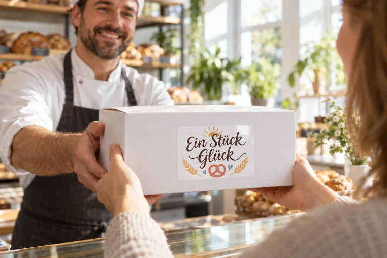 Liebevoll gestalteter Bäckerei-Aufkleber mit dem handgeschriebenen Spruch Ein Stück Glück auf einer Gebäcksbox