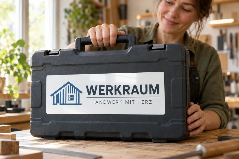 Handwerkerin präsentiert ihren Werkzeugkoffer mit sauber aufgebrachtem Firmenlogo-Aufkleber