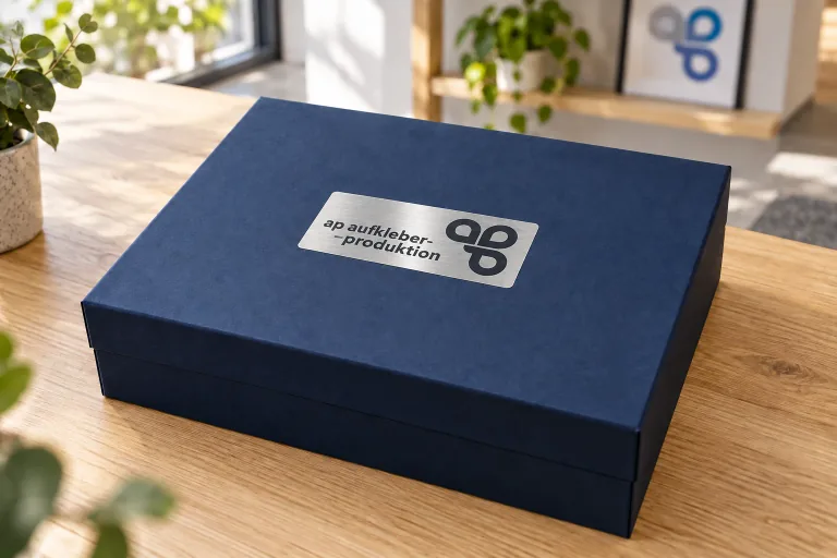 Firmenlogo-Aufkleber aus gebürsteter Silberfolie mit dunklem ap-Signet auf einer edlen dunkelblauen Präsentationsbox