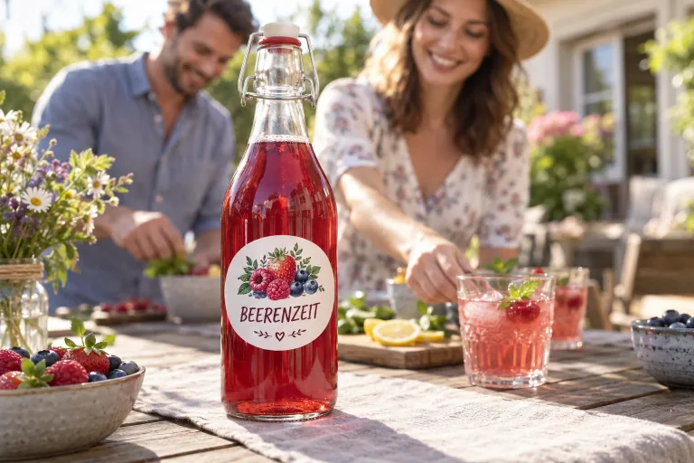 Flasche mit selbst gestaltetem Beerenetikett bei einer gemeinsamen Sommerfeier