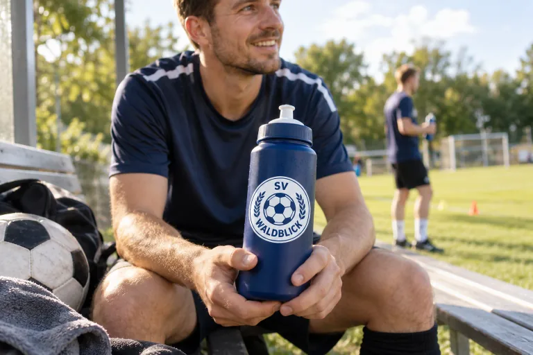 Vereinswappen auf einer Fußball-Sporttrinkflasche am Spielfeldrand