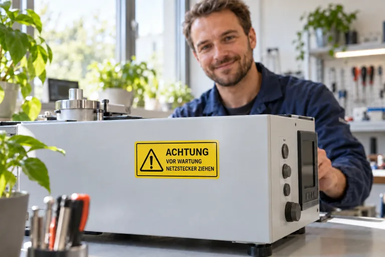 Techniker neben Gerät mit flachem gelbem Warnaufkleber: Vor Wartung Netzstecker ziehen