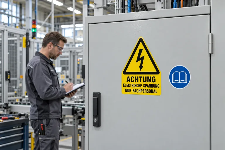 Techniker vor industriellem Schaltschrank mit gelben elektrischen Warnaufklebern und blauem Anleitungszeichen