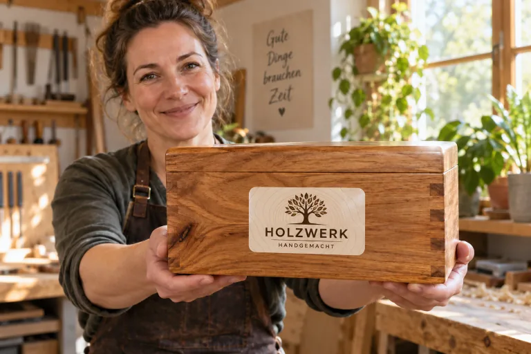 Beigefarbener Holzwerk-Aufkleber mit Baum- und Jahresringmotiv auf einer Holzbox in der Werkstatt