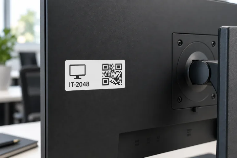 Gerade aufgeklebtes weißes Inventaretikett mit Monitorzeichen, IT-2048 und echtem QR-Code auf einer Monitorrückseite