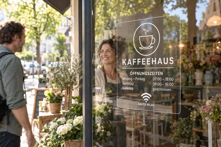 Transparenter Kaffeehaus-Aufkleber mit weißem Druck, Öffnungszeiten und WLAN auf einer Ladenscheibe mit Menschen