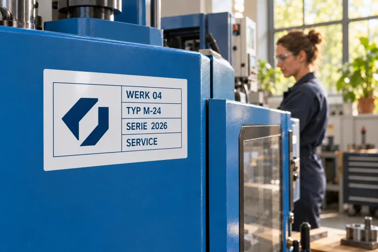 Technische Folienkennzeichnung auf einer lackierten Maschine im Werkstattbetrieb