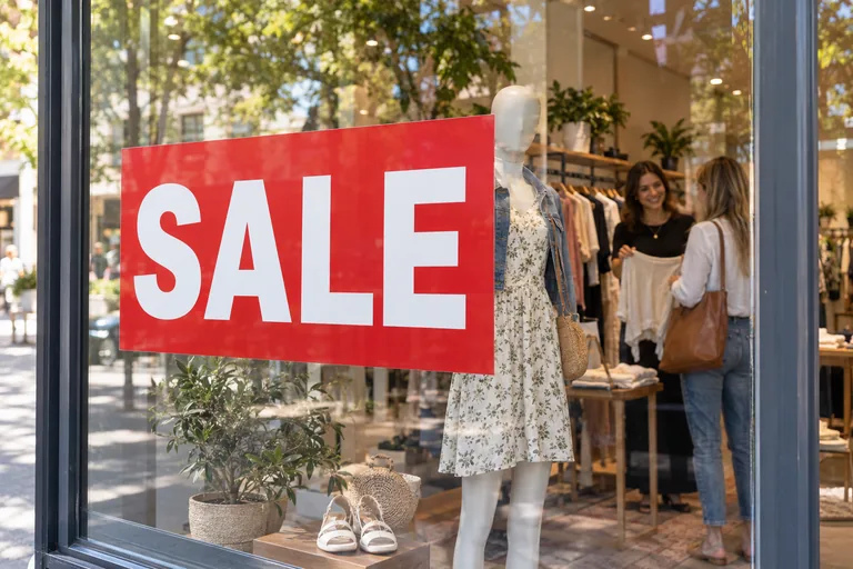 Großer sauberer Sale-Aufkleber auf einer Boutique-Schaufensterscheibe mit interessierten Kundinnen