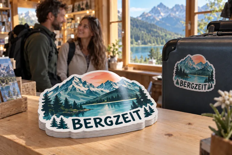 Stapel konturgeschnittener Bergzeit-Souvenir-Aufkleber im Reiseandenkenladen, mit Beispiel auf einem Koffer und einem Reisepaar im Hintergrund