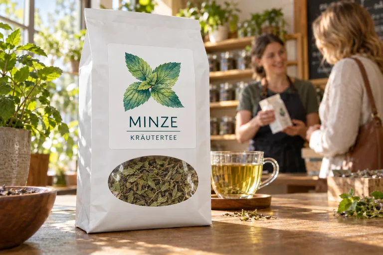 Matter Premium-Aufkleber mit Minzmotiv auf einer Teeverpackung mit transparentem Sichtfenster