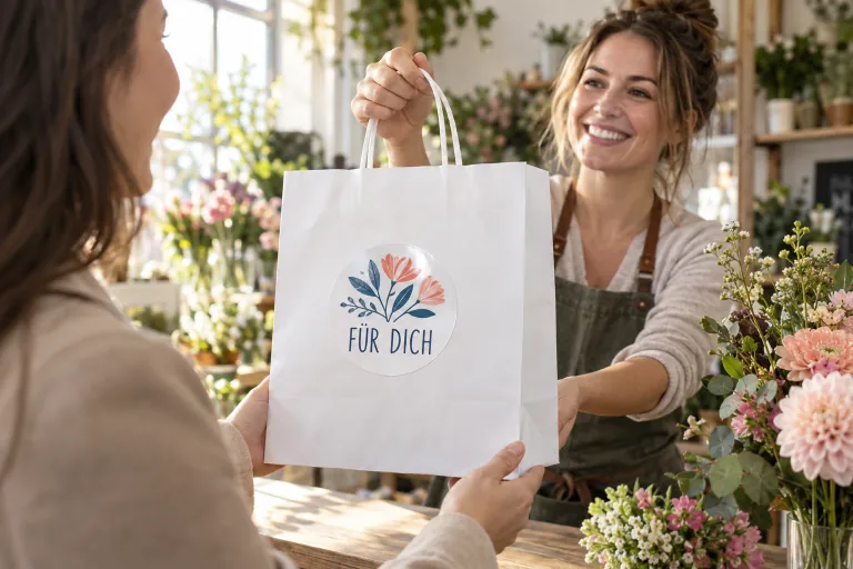 Bedruckter Blumenaufkleber auf einer Geschenktüte beim Überreichen