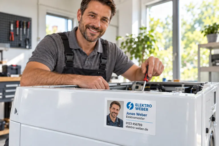 Visitenkartenförmiger Kontaktaufkleber mit Porträt, Firmenzeichen und Kontaktdaten am Gerät eines Servicetechnikers