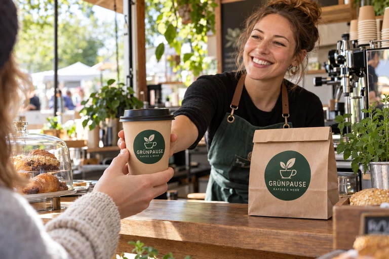 Einheitliche grüne Grünpause-Markenaufkleber auf Kaffeebecher und Gebäckbeutel bei der Übergabe im Café
