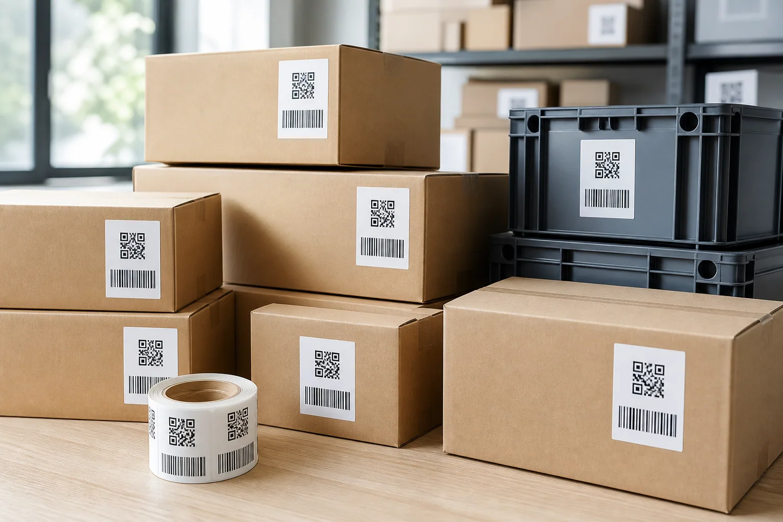 Barcode- und QR-Rollenetiketten auf Versandkartons und Transportboxen