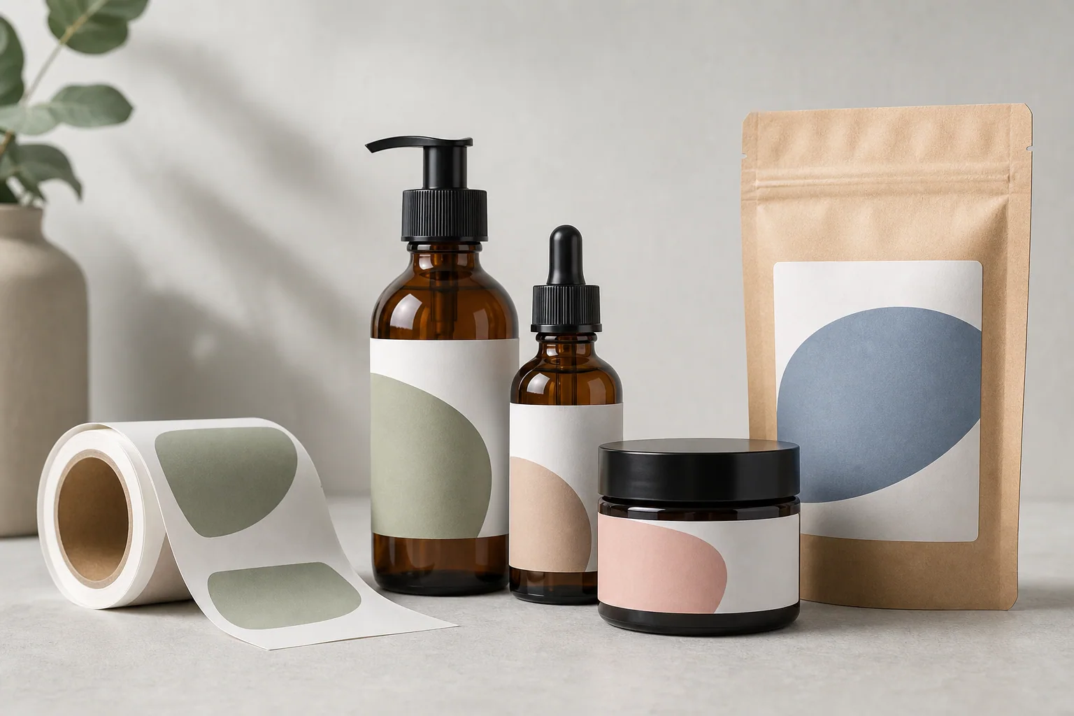 Rollenetiketten auf Flaschen, Glas und Verpackungsbeutel