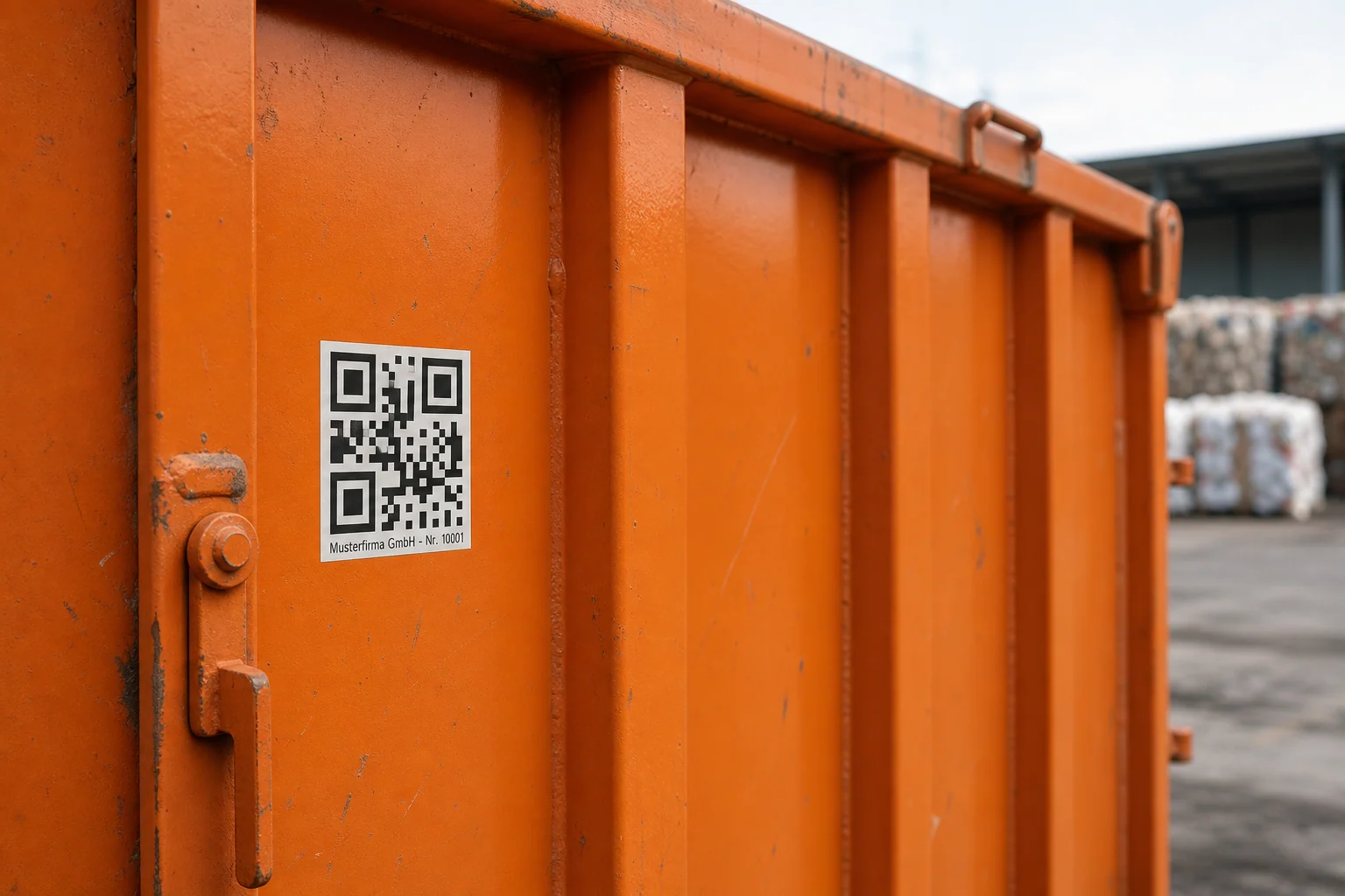 10 × 10 cm großer QR-Code-Container-Aufkleber auf einem leicht gebrauchten orangefarbenen Container