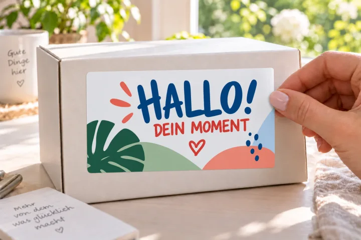 Weißer Werbeaufkleber mit HALLO-Motiv präzise zur Box ausgerichtet