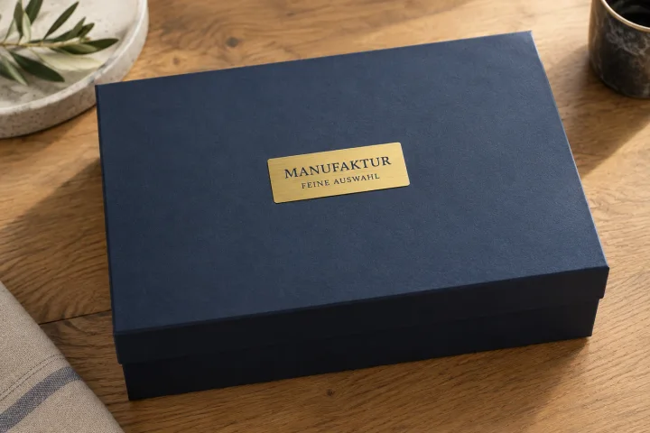 Gebürsteter goldfarbener Folienaufkleber mittig auf der flachen Oberseite einer dunkelblauen Präsentationsbox