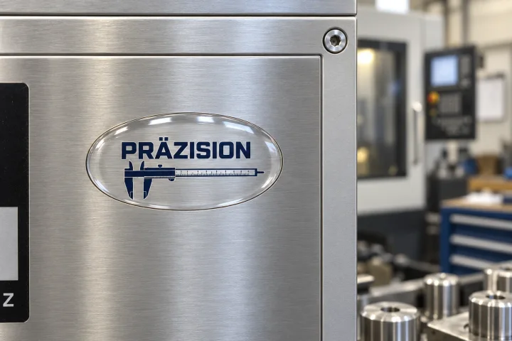Transparentes Professional-Doming-Logo auf der ebenen Edelstahlblende einer industriellen Maschine; Metall bleibt durch freie Folienbereiche sichtbar
