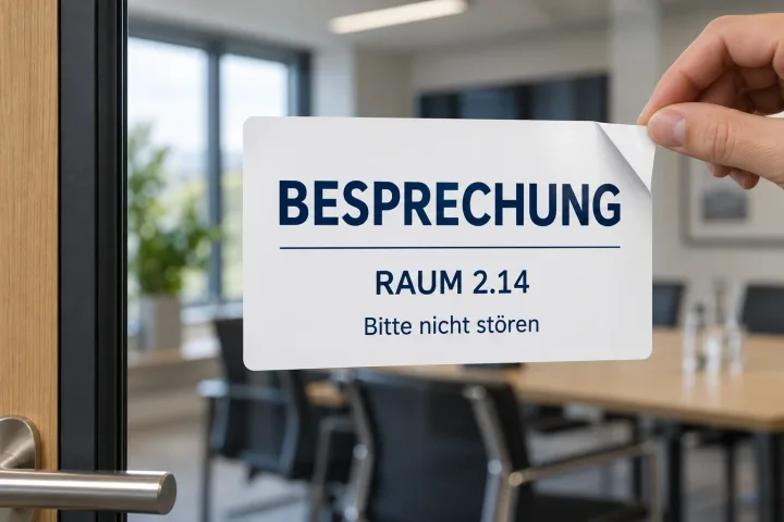 Weiße deckende Adhäsionsfolie mit Besprechungsraum-Hinweis auf Glas; eine Ecke wird ohne Klebstoff gelöst