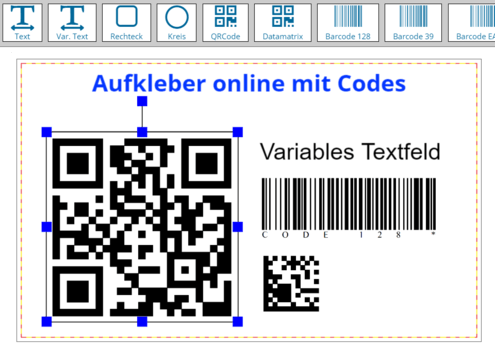 Online-Editor für Aufkleber mit QR-Code, variablem Textfeld und Barcode